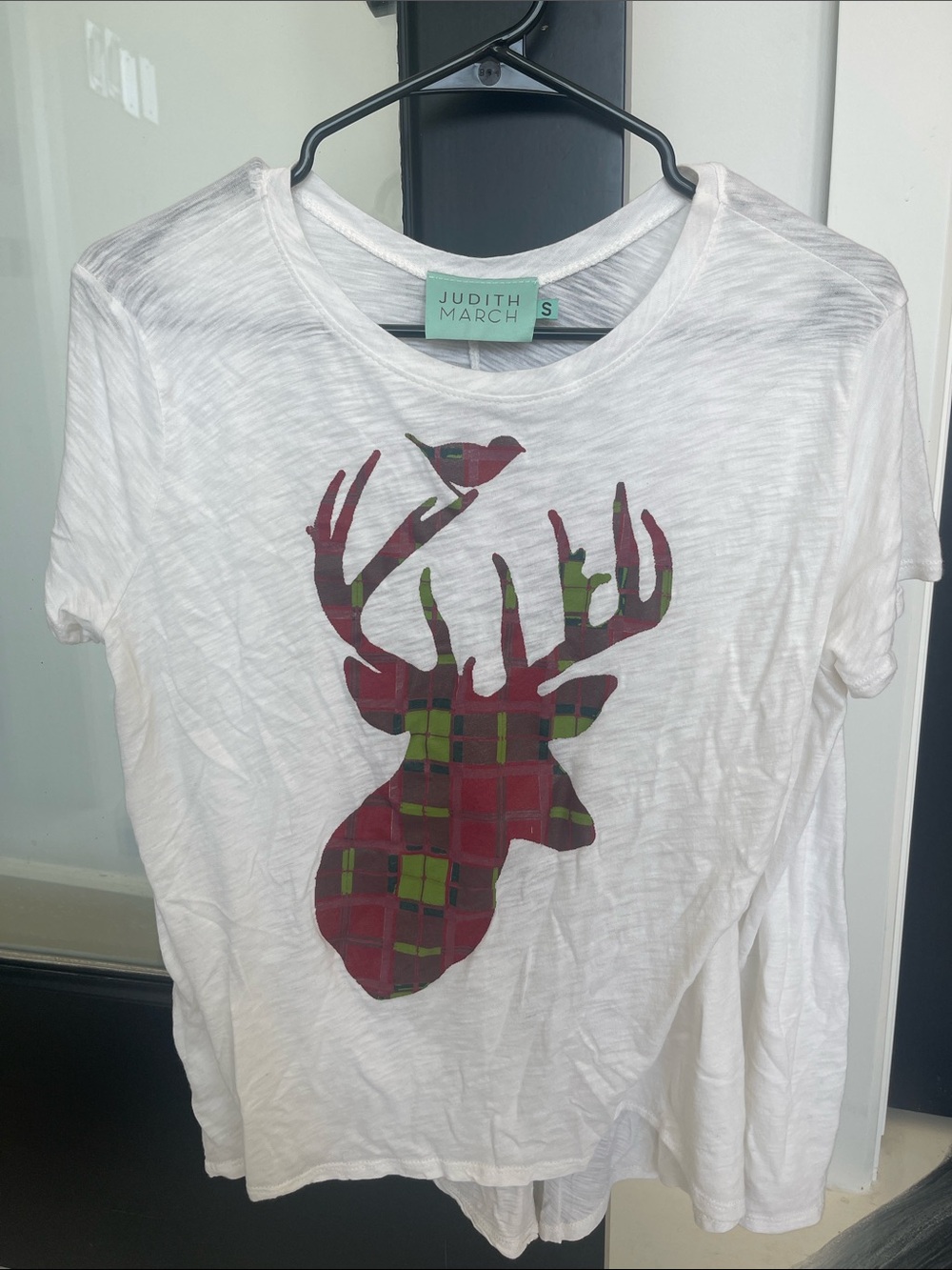 Judith March White Tee with Red & Green Plaid Deer Silhouette small